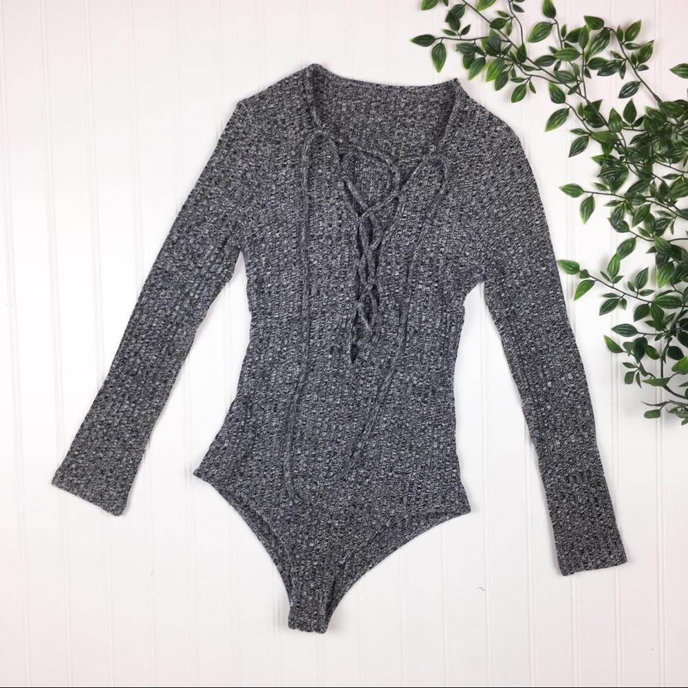 3/$20 Grey Heather Body Suit with Tie-Front